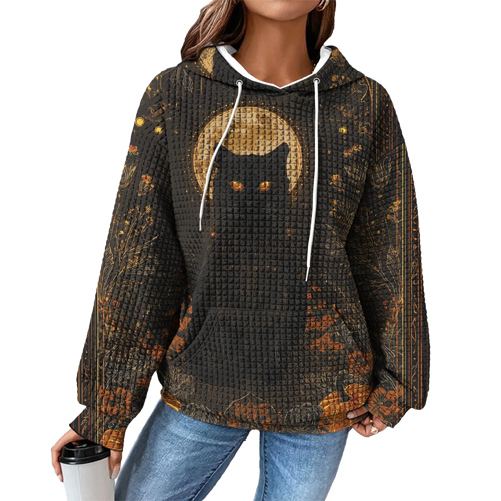 domirica Hoodies for Women Graphic Waffle Pullover Tops Crewneck Drawstring Casual Hooded Sweatshirt with Pocket